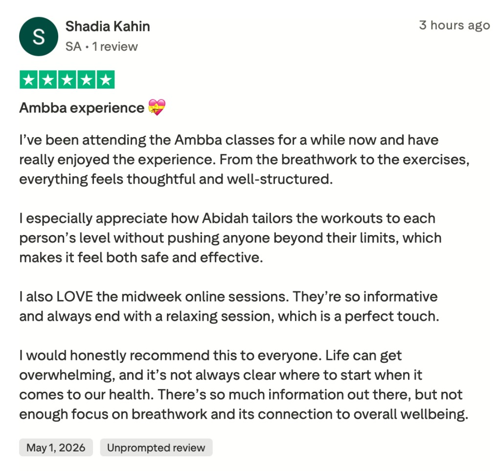 Trustpilot: 5-star review from Shadia Kahin — Ambba experience