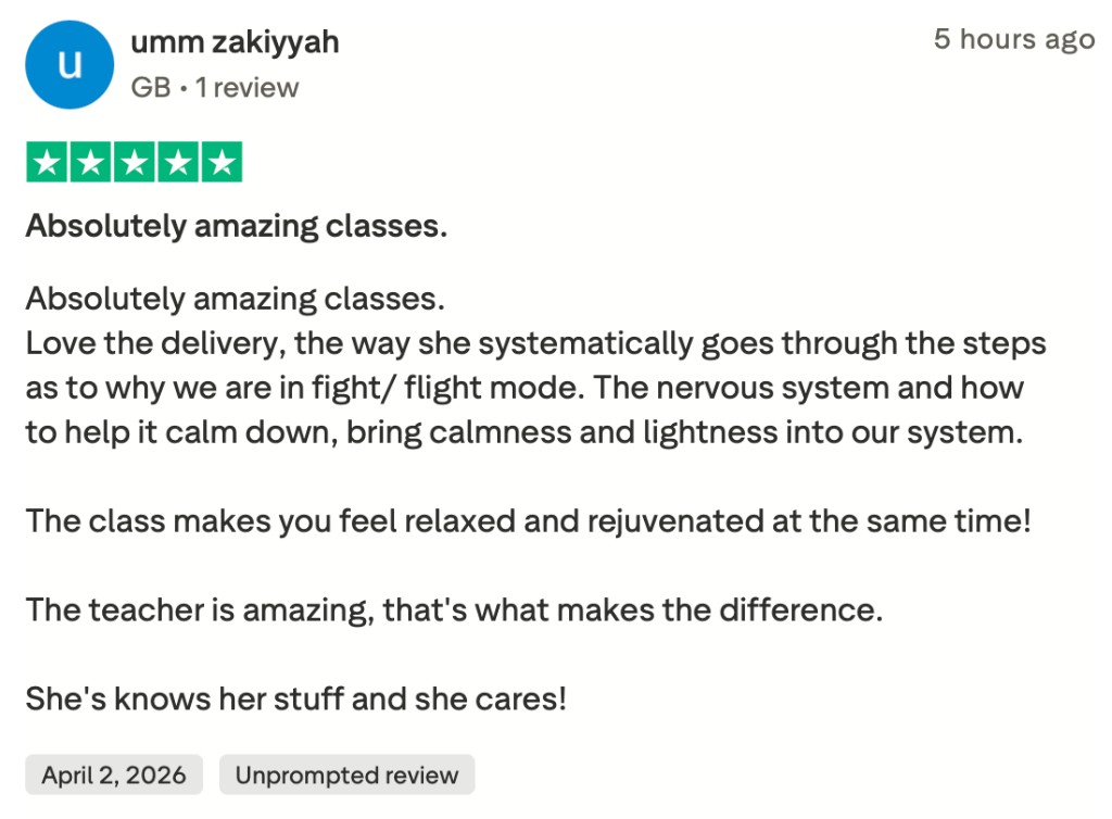 Trustpilot: 5-star review from umm zakiyyah — Absolutely amazing classes